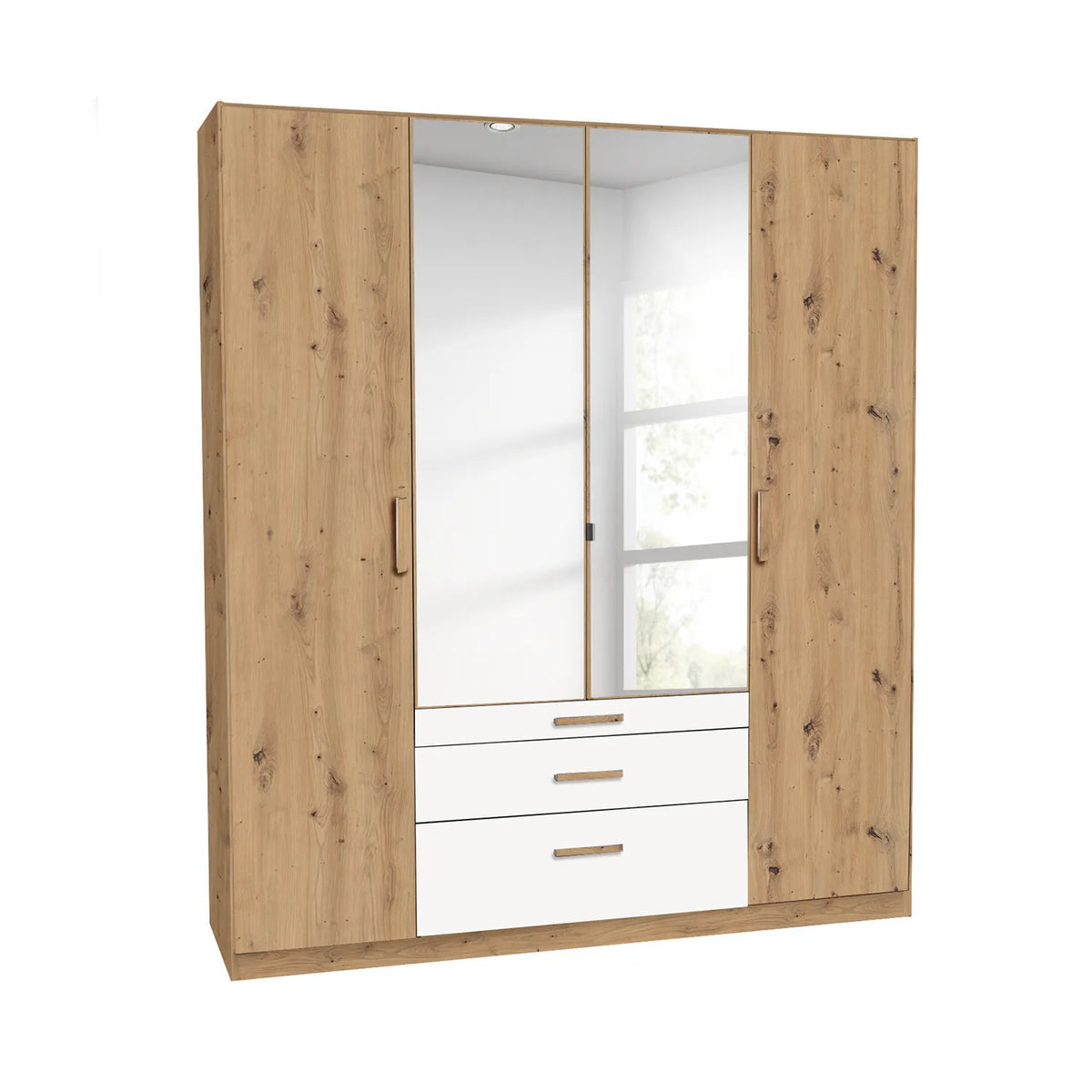 Mosbach 4 Door White & Oak Wardrobe with Mirror and Drawers - 181cm