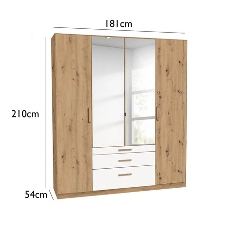 Mosbach 4 Door White & Oak Wardrobe with Mirror and Drawers - 181cm