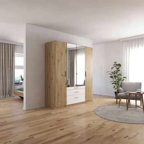 Mosbach 4 Door White & Oak Wardrobe with Mirror and Drawers - 181cm