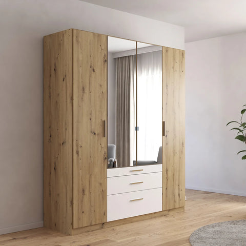 Mosbach 4 Door White & Oak Wardrobe with Mirror and Drawers - 181cm