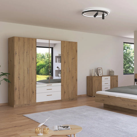 Rauch Mosbach 6 Door White & Oak Wardrobe with Mirror and Drawers Width 226cm height 210cm and Depth 54cm - Bedroom Furniture Set