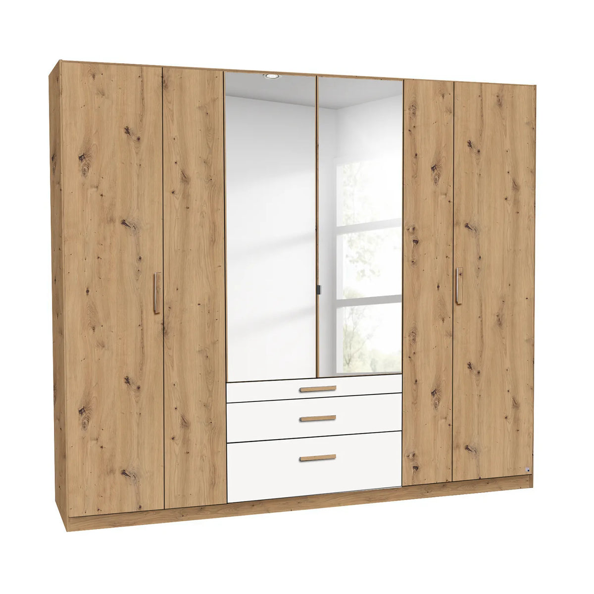 Rauch Mosbach 6 Door White & Oak Wardrobe with Mirror and Drawers Width 226cm height 210cm and Depth 54cm