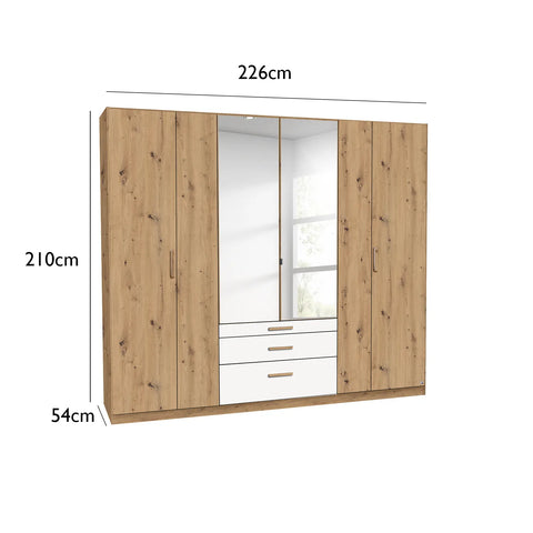 Rauch Mosbach 6 Door White & Oak Wardrobe with Mirror and Drawers Width 226cm height 210cm and Depth 54cm - Dimensions 