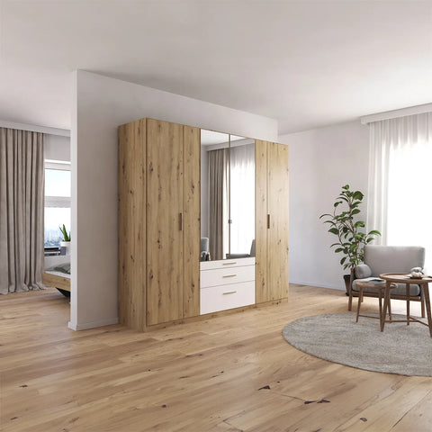 Rauch Mosbach 6 Door White & Oak Wardrobe with Mirror and Drawers Width 226cm height 210cm and Depth 54cm - Lifestyle