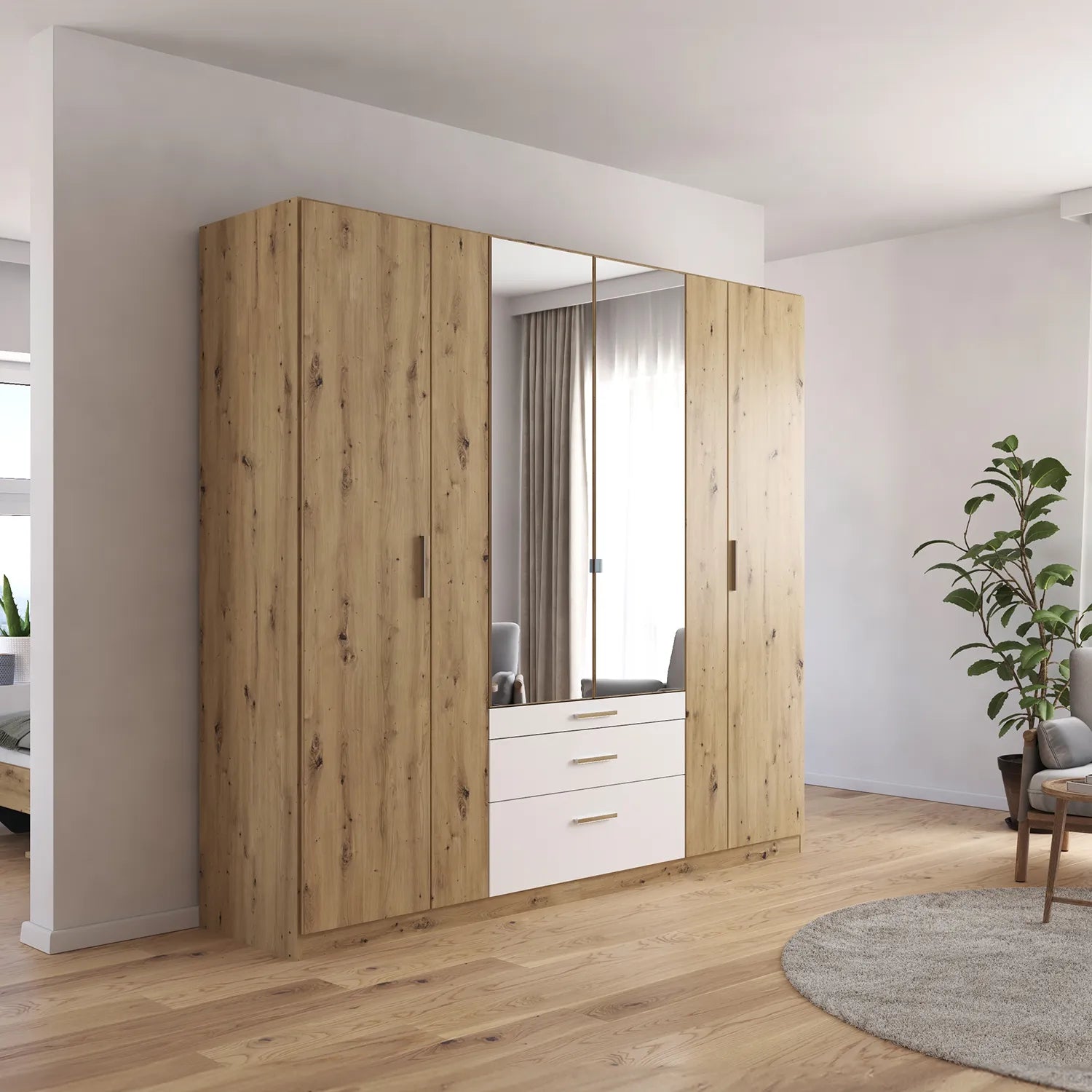 Mosbach 6 Door White & Oak Wardrobe with Mirror and Drawers - 226cm