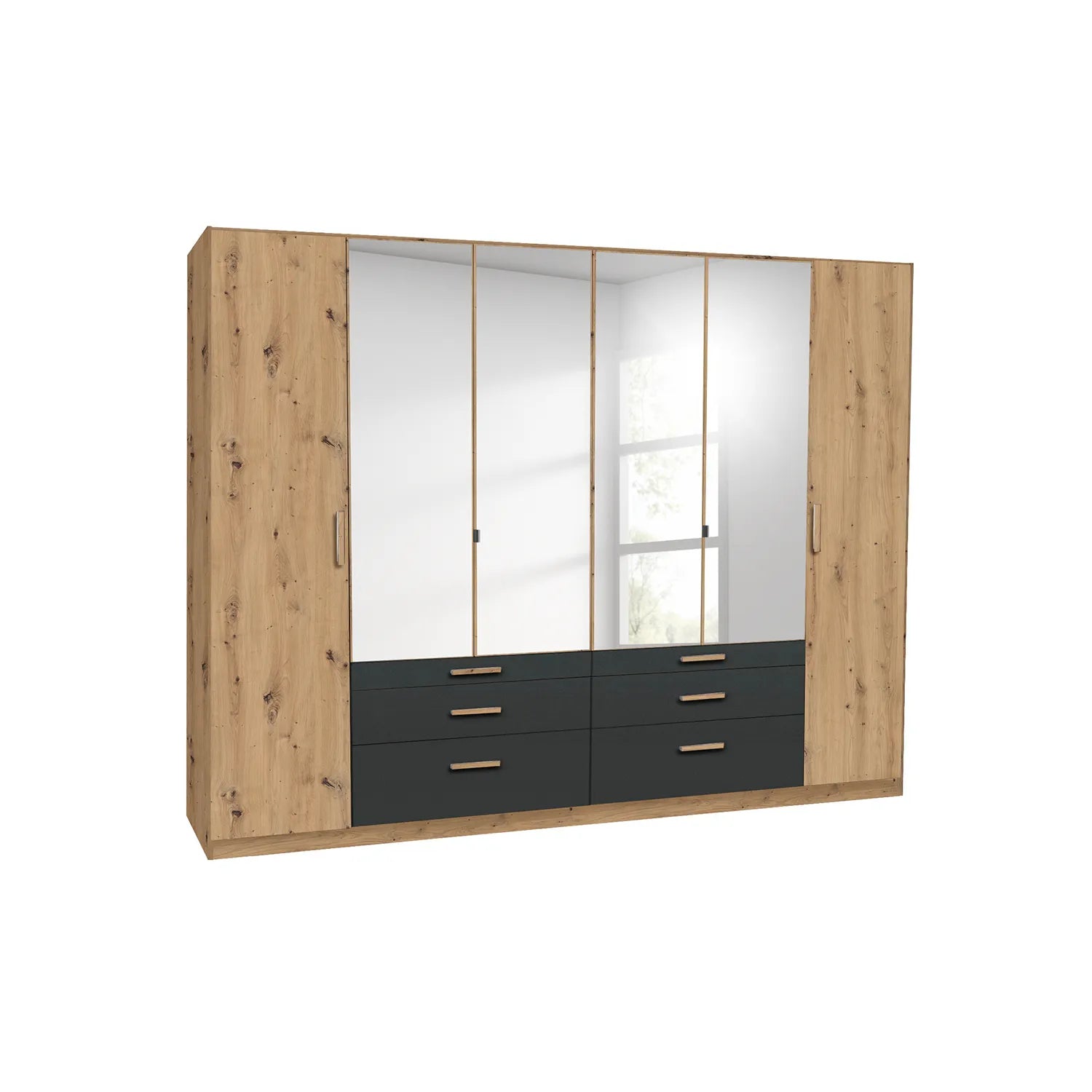 Mosbach 6 Door Graphite & Oak Wardrobe with Mirror and Drawers - 271cm