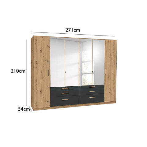 Mosbach 6 Door Graphite & Oak Wardrobe with Mirror and Drawers - 271cm