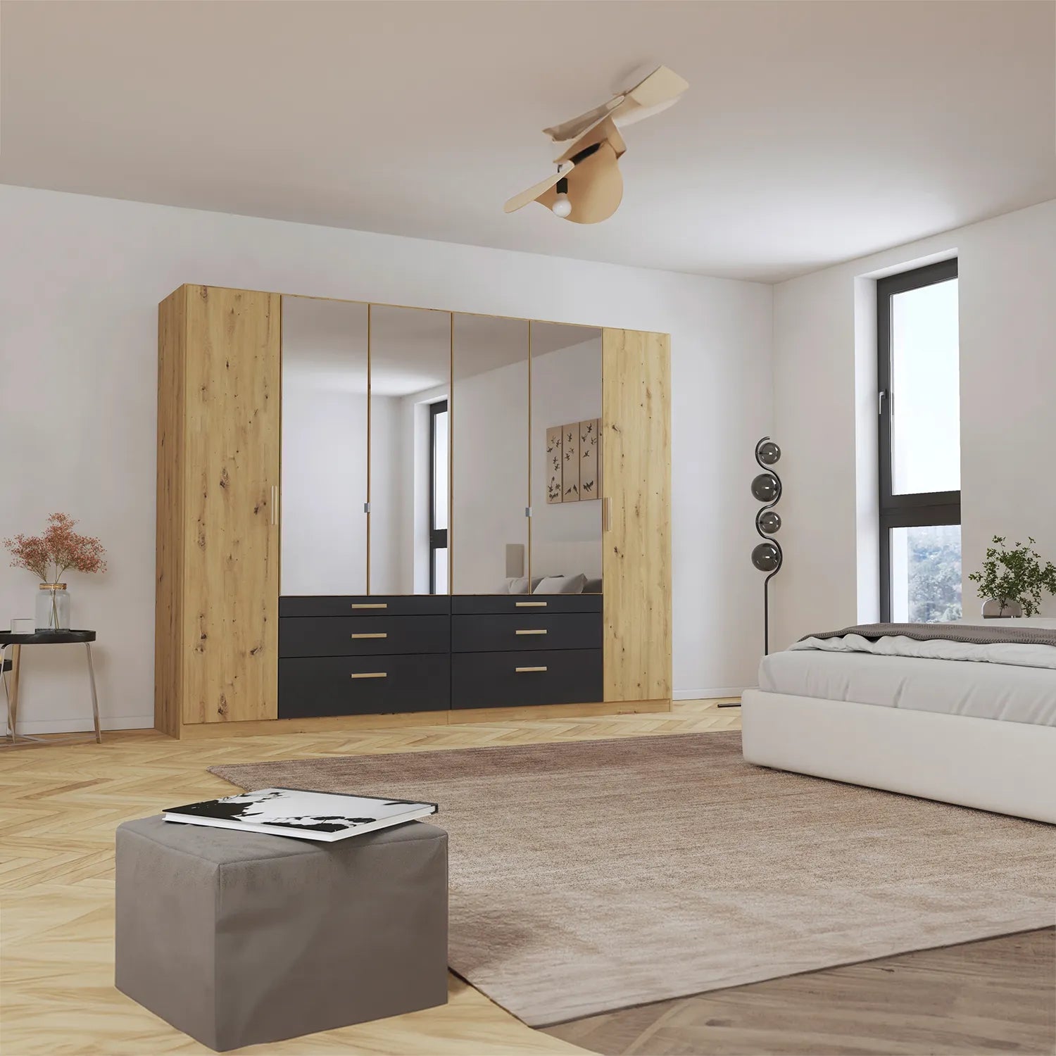 Mosbach 6 Door Graphite & Oak Wardrobe with Mirror and Drawers - 271cm