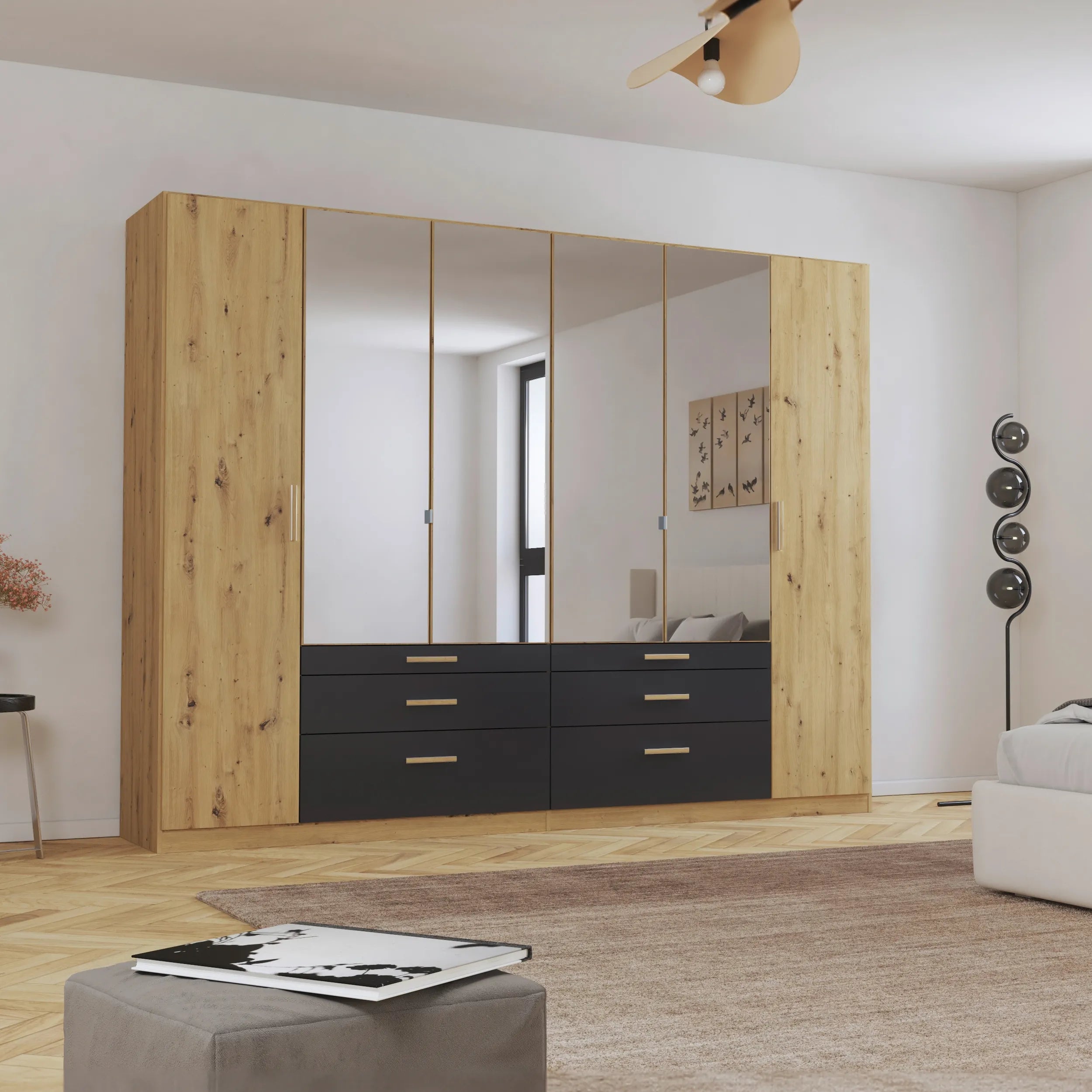 Mosbach 6 Door Graphite & Oak Wardrobe with Mirror and Drawers - 271cm