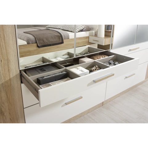 Mosbach 6 Door White & Oak Wardrobe with Mirror and Drawers width 271cm Height 210 cm Depth 54cm - Accessory Drawer