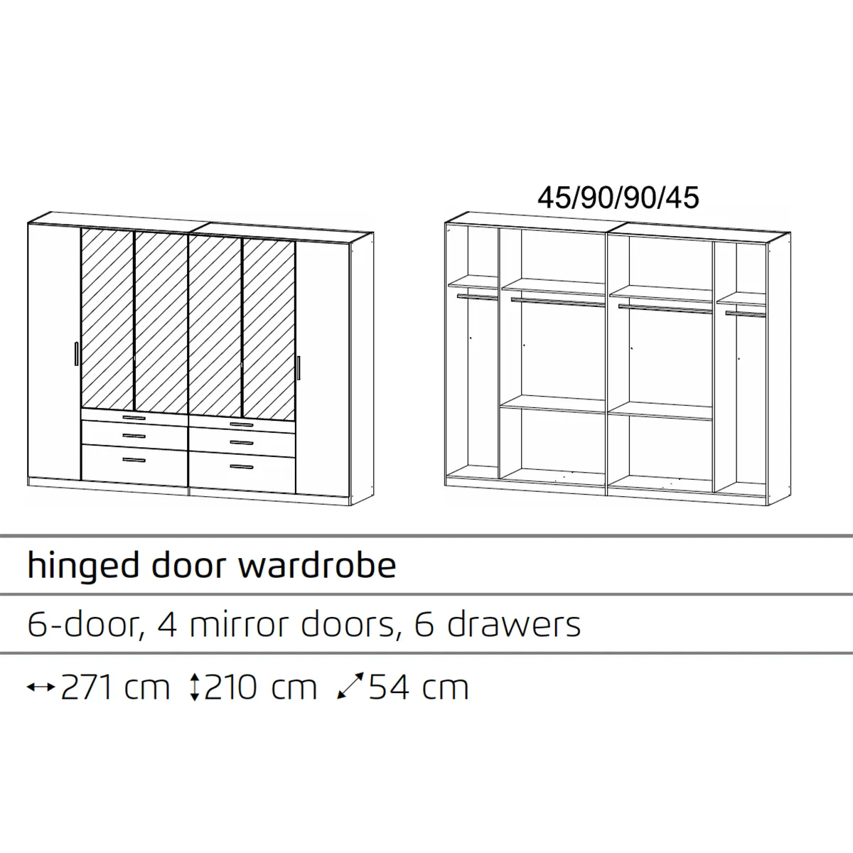 Mosbach 6 Door Graphite & Oak Wardrobe with Mirror and Drawers - 271cm