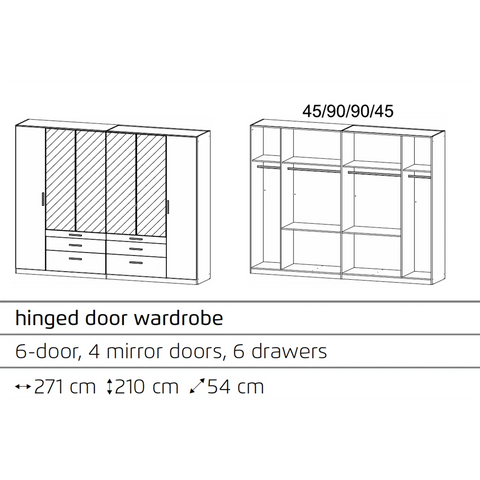 Mosbach 6 Door White & Oak Wardrobe with Mirror and Drawers width 271cm Height 210 cm Depth 54cm - Dimensions and Interior details 