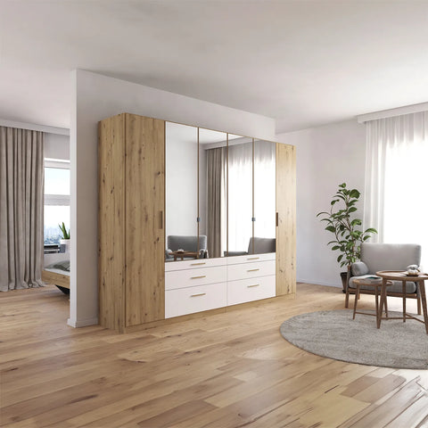 Mosbach 6 Door White & Oak Wardrobe with Mirror and Drawers width 271cm Height 210 cm Depth 54cm - Long Shot