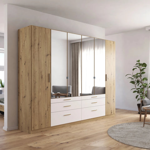 Mosbach 6 Door White & Oak Wardrobe with Mirror and Drawers width 271cm Height 210 cm Depth 54cm - Lifestyle