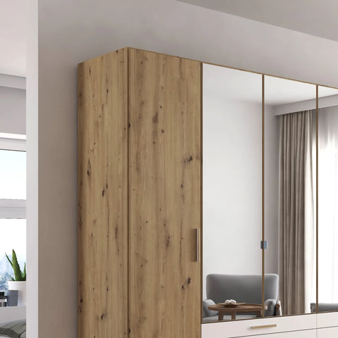 Mosbach 6 Door White & Oak Wardrobe with Mirror and Drawers width 271cm Height 210 cm Depth 54cm  - Detailing