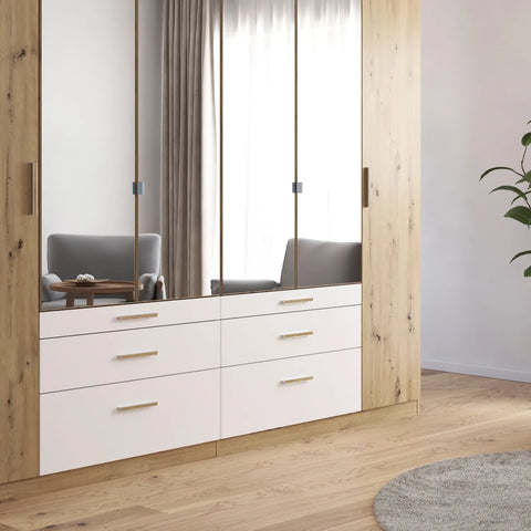 Mosbach 6 Door White & Oak Wardrobe with Mirror and Drawers width 271cm Height 210 cm Depth 54cm - Drawer Detailing 