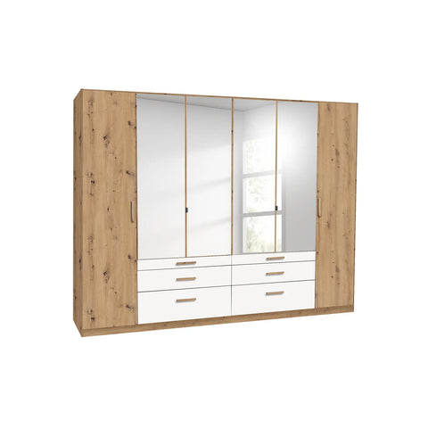 Mosbach 6 Door White & Oak Wardrobe with Mirror and Drawers width 271cm Height 210 cm Depth 54cm - White Background 