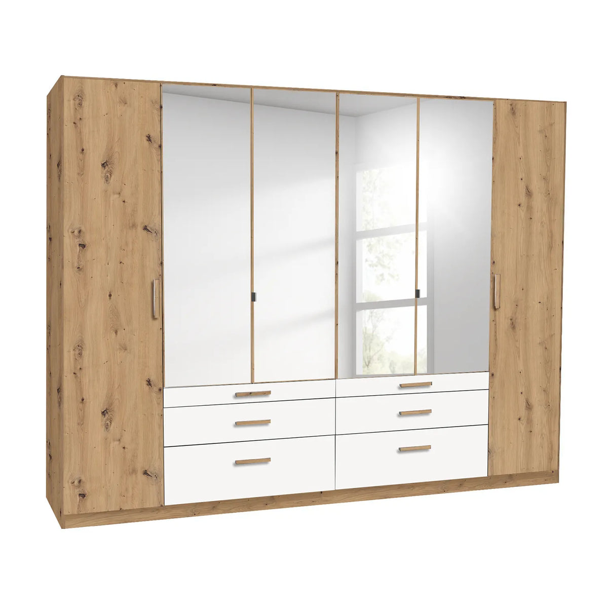 Mosbach 6 Door White & Oak Wardrobe with Mirror and Drawers width 271cm Height 210 cm Depth 54cm