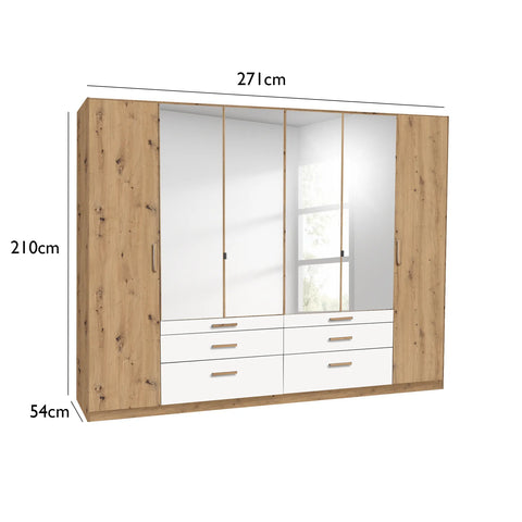 Mosbach 6 Door White & Oak Wardrobe with Mirror and Drawers width 271cm Height 210 cm Depth 54cm - Dimensions 