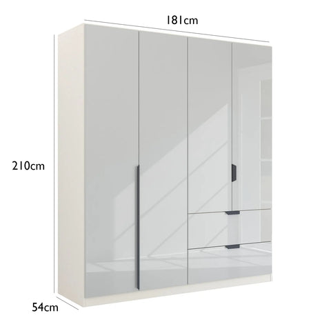 Mulheim 4 Door White Glass Wardrobe with Drawers and Mirror - Dimensions 