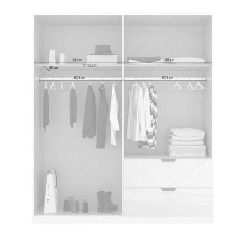 Mulheim 4 Door White Glass Wardrobe with Drawers and Mirror - Interior Dimensions 