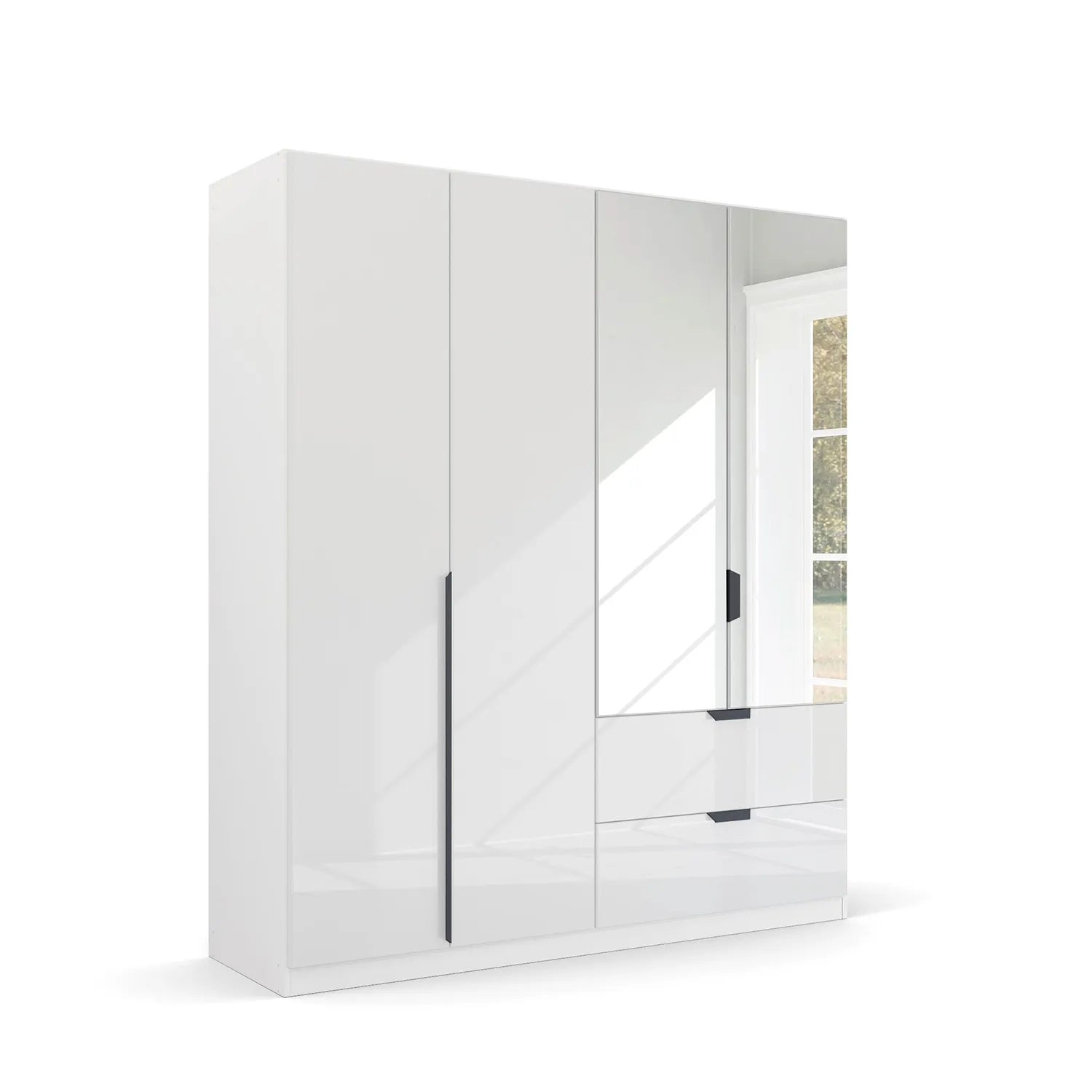 Mulheim 4 Door White Glass Wardrobe with Drawers and Mirror