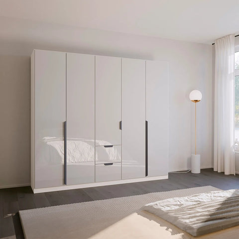 Mulheim 5 Door White Glass Wardrobe with Mirror and Drawers