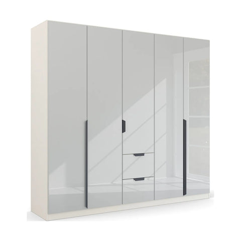 Mulheim 5 Door White Glass Wardrobe with Mirror and Drawers