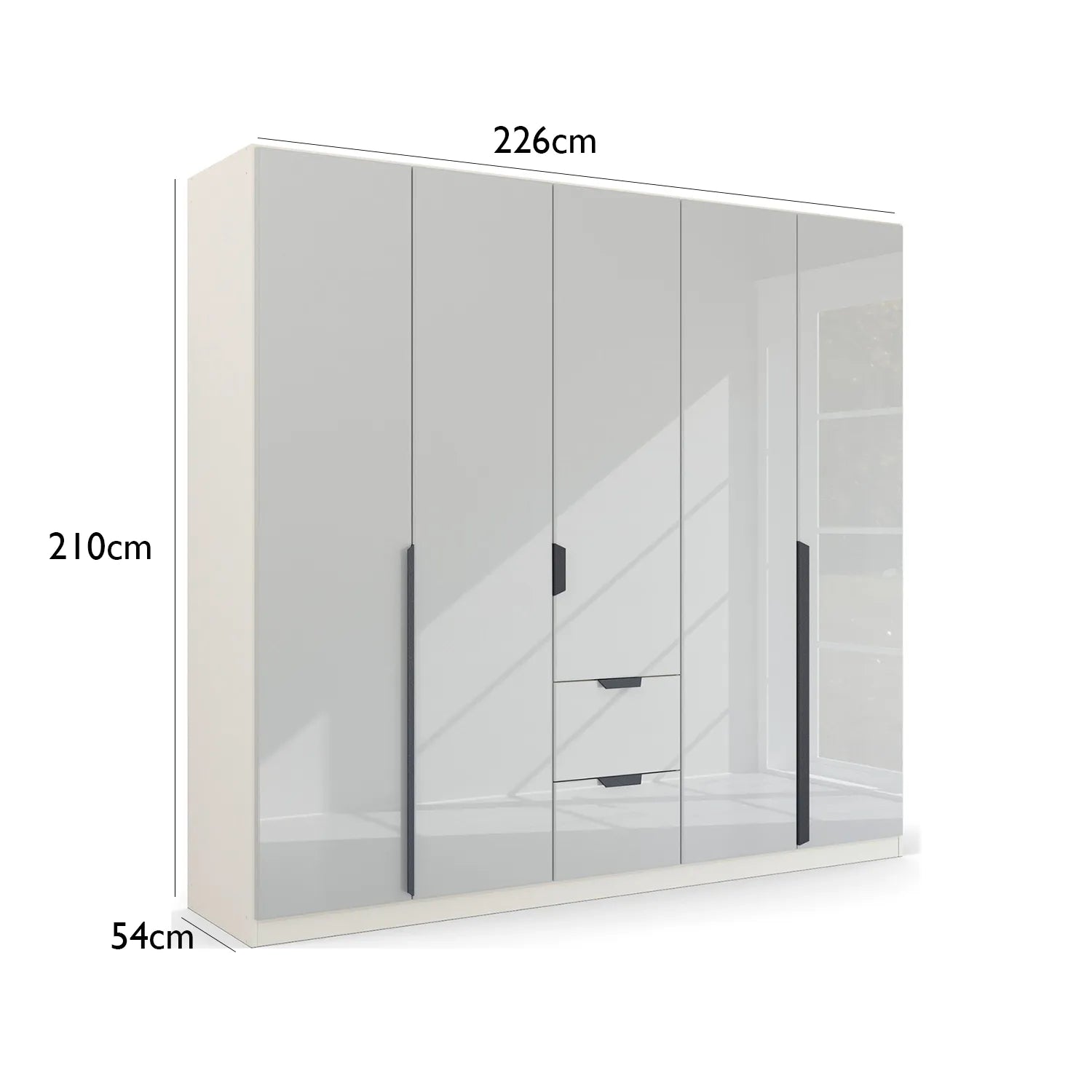 Mulheim 5 Door White Glass Wardrobe with Mirror and Drawers