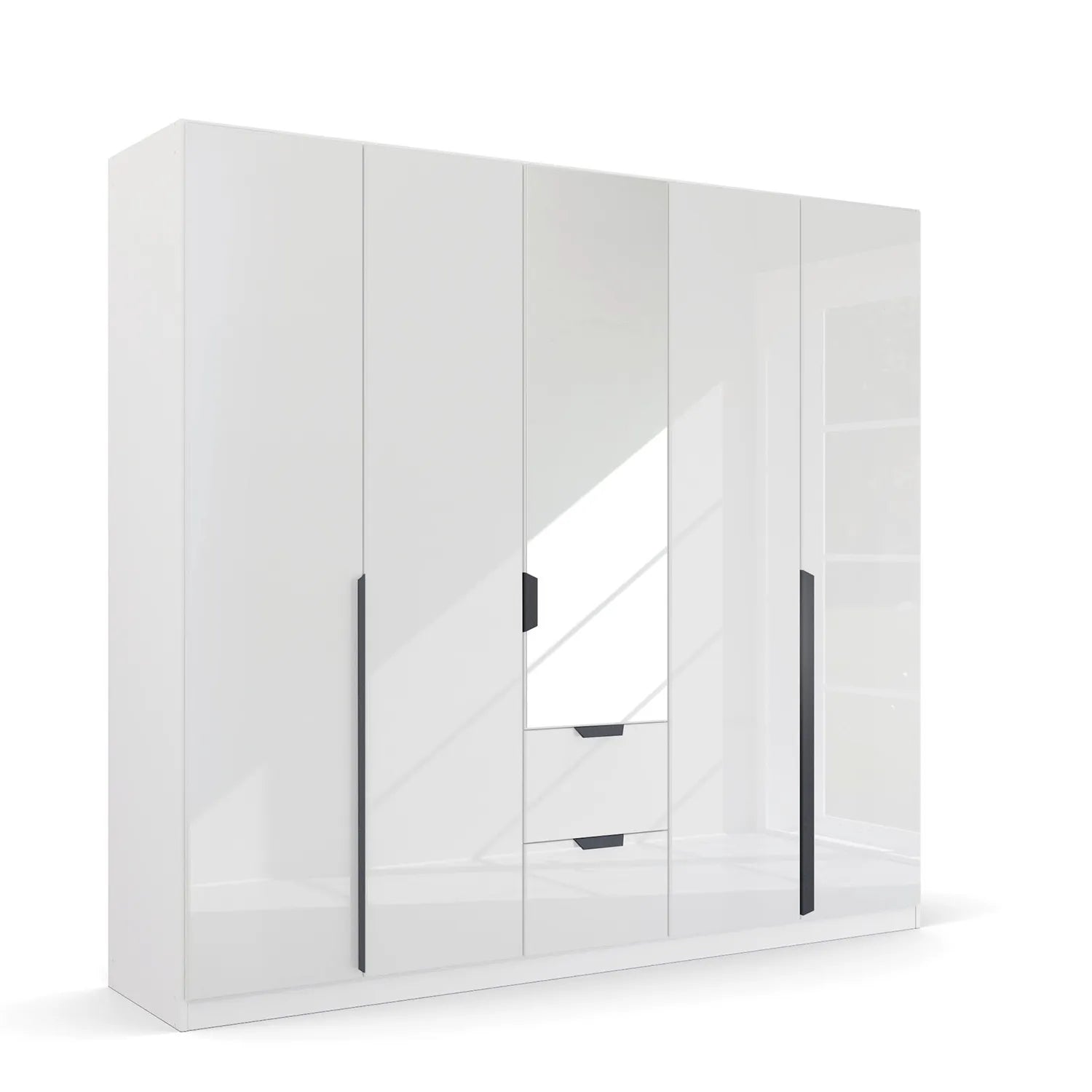 Mulheim 5 Door White Glass Wardrobe with Mirror and Drawers