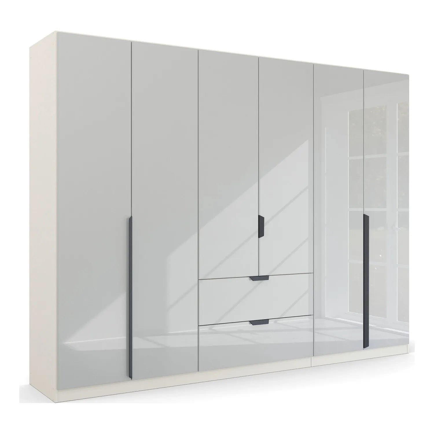 Mulheim 6 Door White Glass Wardrobe with Mirror and Drawers