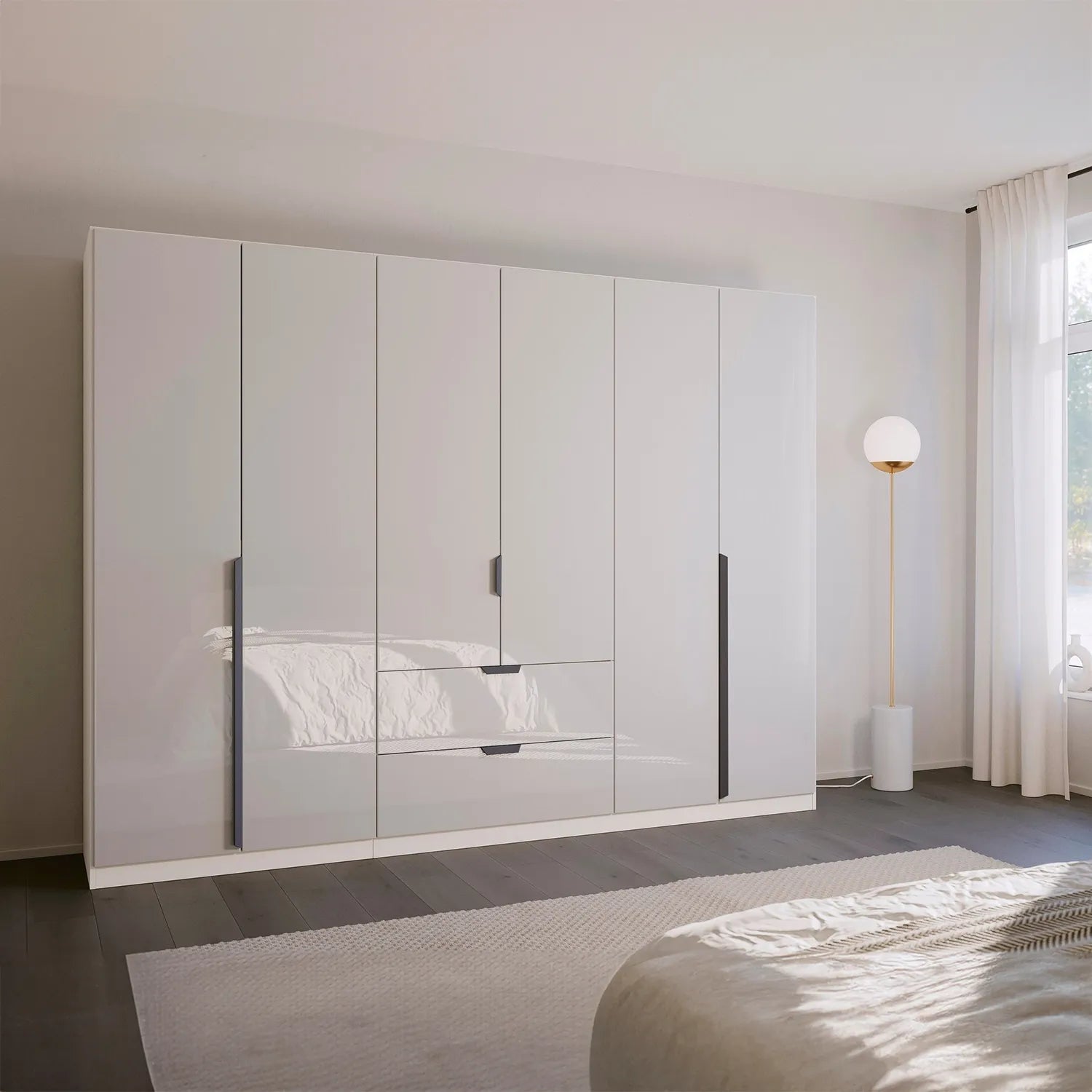 Mulheim 6 Door White Glass Wardrobe with Mirror and Drawers