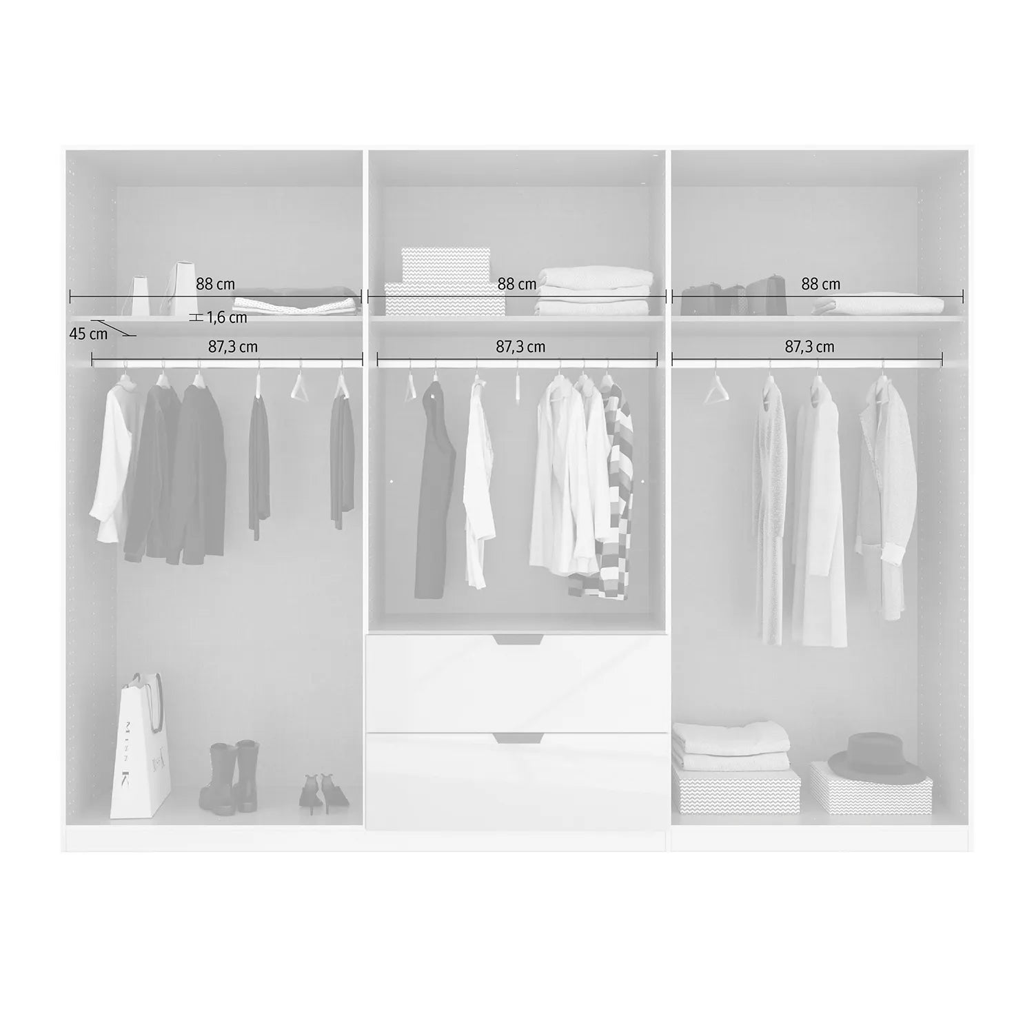 Mulheim 6 Door White Glass Wardrobe with Mirror and Drawers