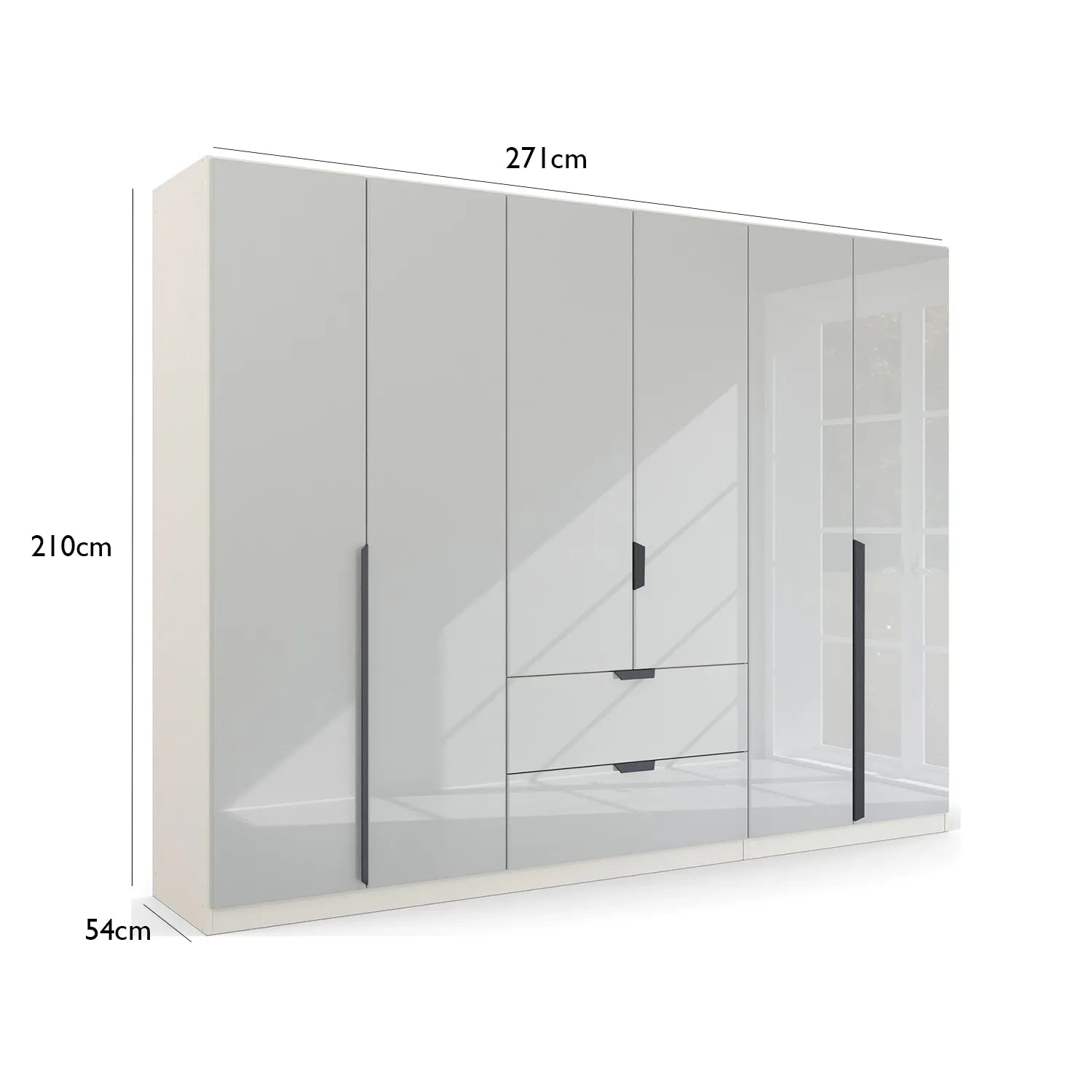 Mulheim 6 Door White Glass Wardrobe with Mirror and Drawers