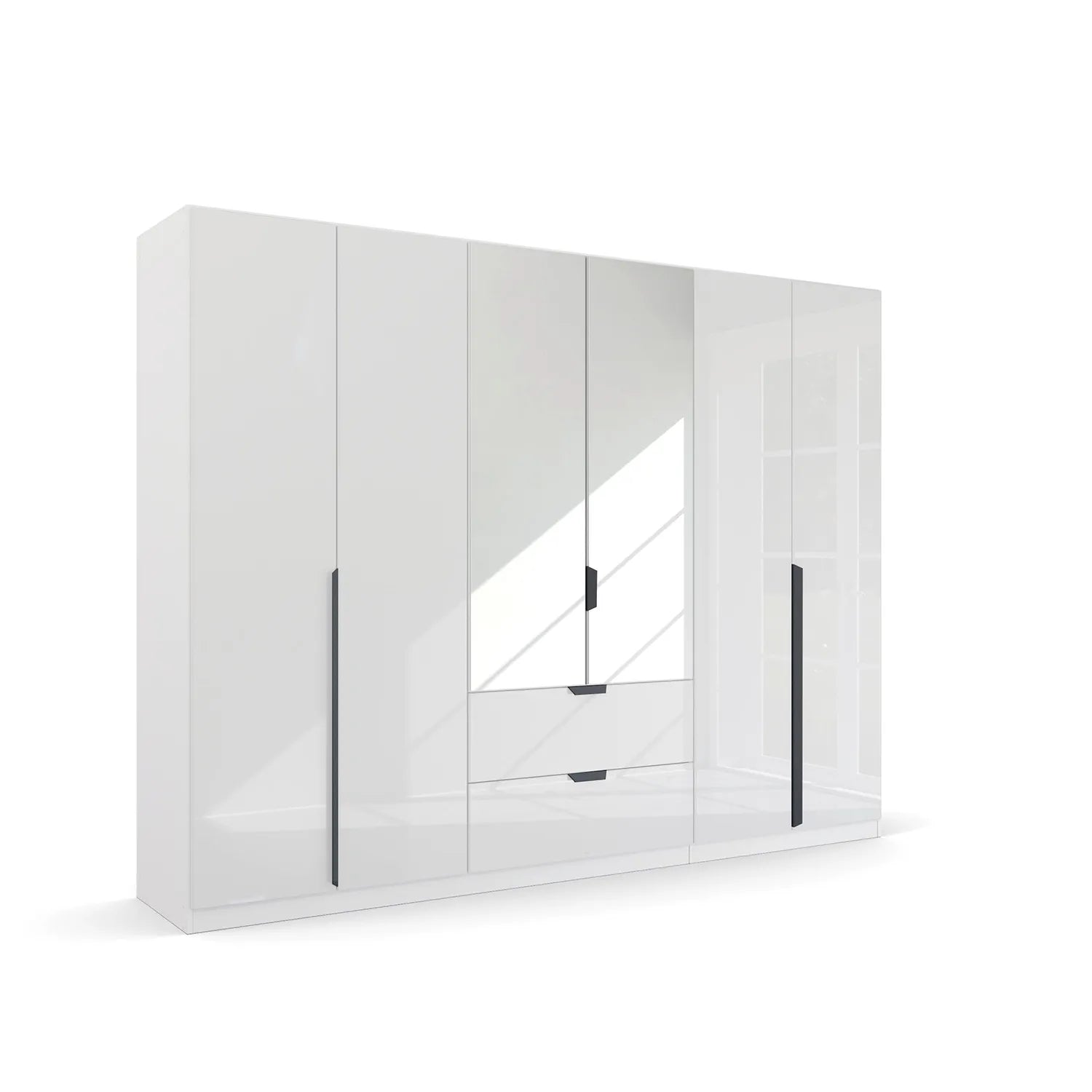 Mulheim 6 Door White Glass Wardrobe with Mirror and Drawers