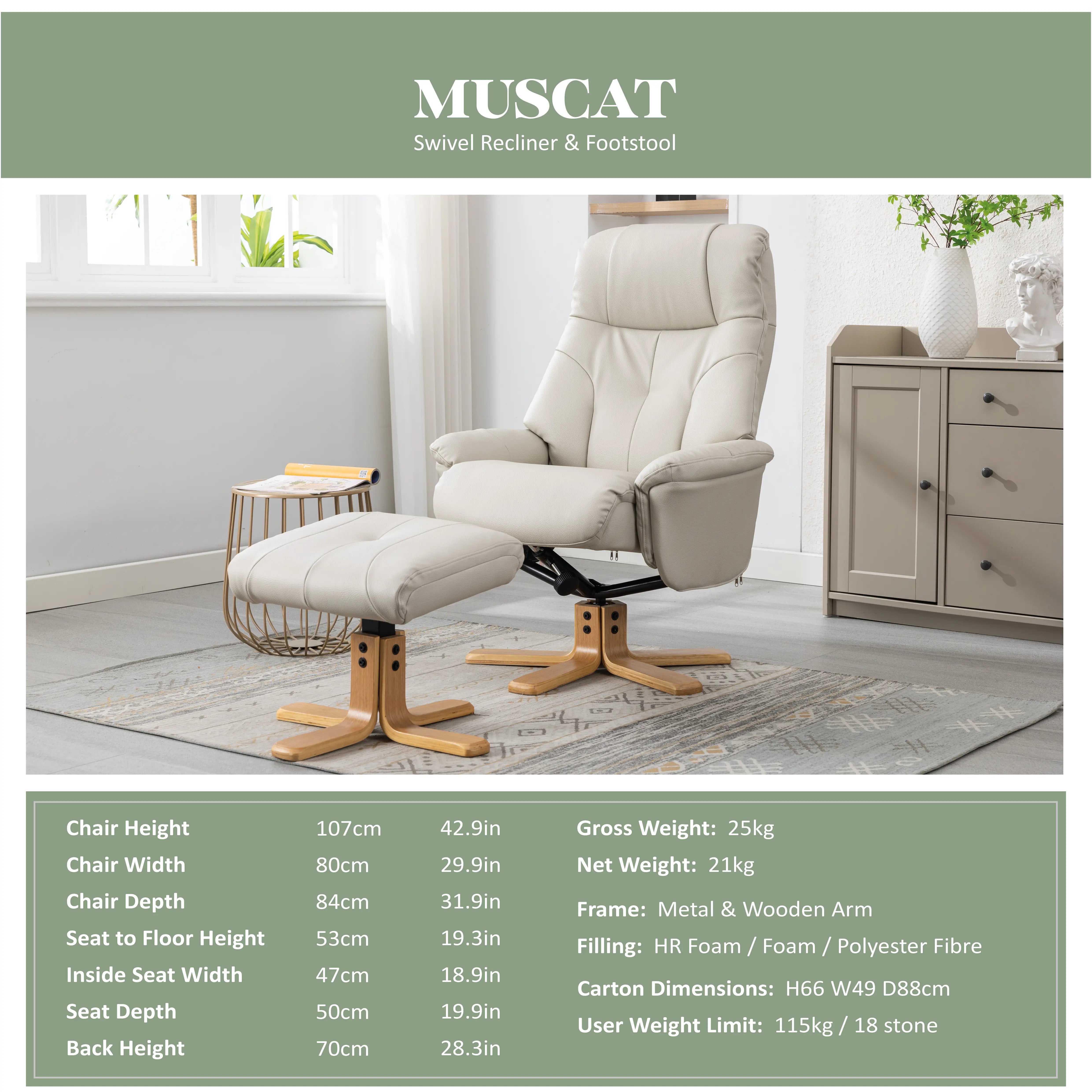 Muscat Faux Leather Swivel Recliner Chair and Footstool