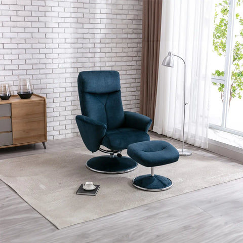 Nice Fabric Swivel Recliner Chair and Footstool, Living Room Bedroom Relaxing Chair, Deep Blue fabric Colour - Lifestyle Image