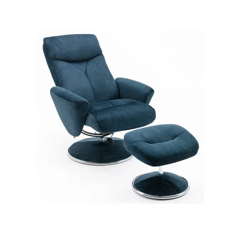 Nice Fabric Swivel Recliner Chair and Footstool, Living Room Bedroom Relaxing Chair, Deep Blue fabric Colour - 003