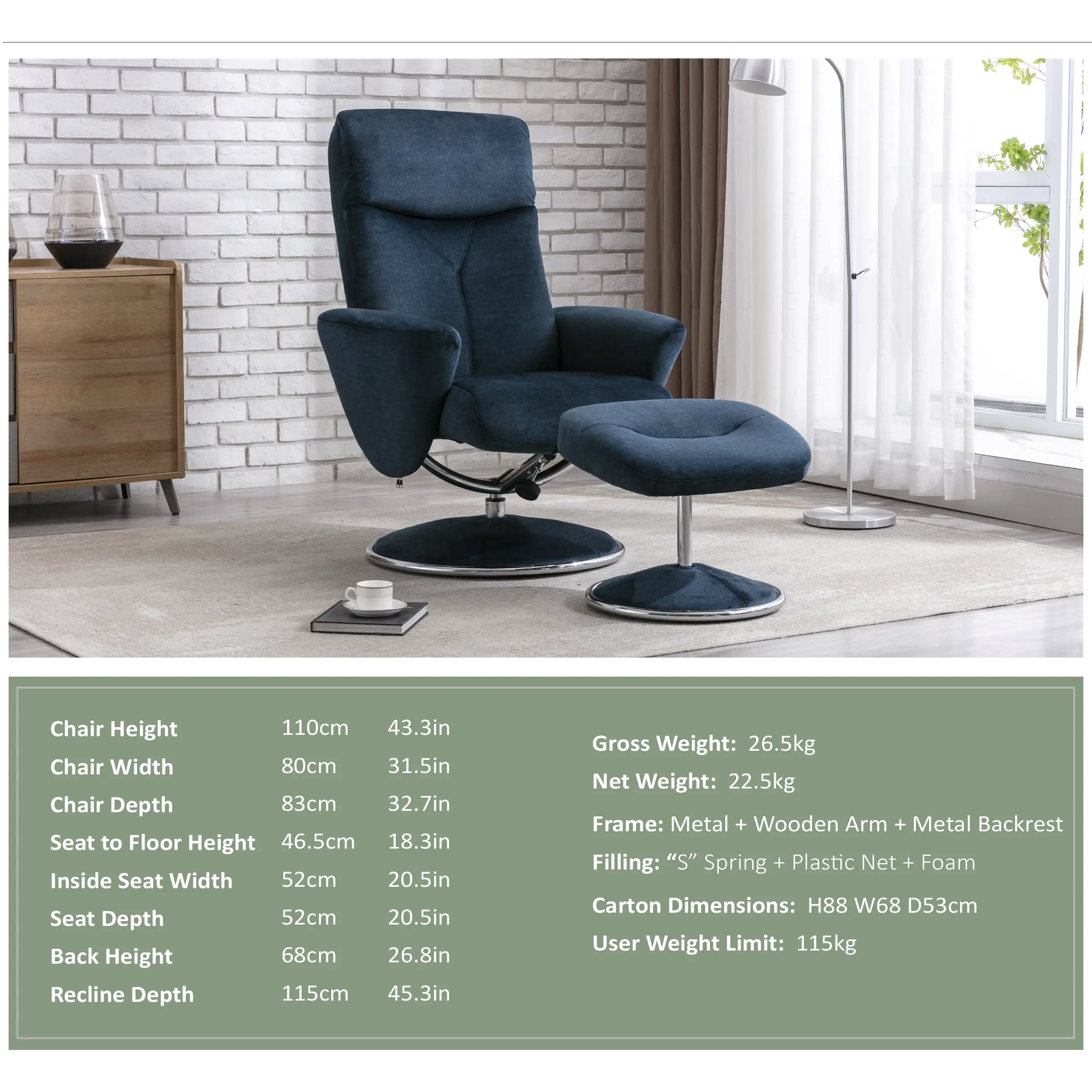 Nice Fabric Swivel Recliner Chair and Footstool, Living Room Bedroom Relaxing Chair, Deep Blue fabric Colour - Specification Sheet