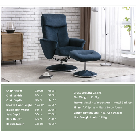 Nice Fabric Swivel Recliner Chair and Footstool, Living Room Bedroom Relaxing Chair, Deep Blue fabric Colour - Specification Sheet