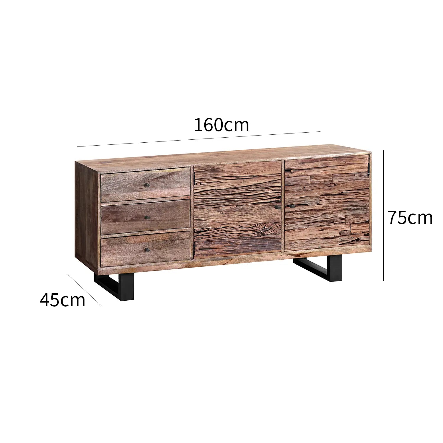 Noir Railway Sleeper Wood Sideboard With 2 Doors & 3 Drawers