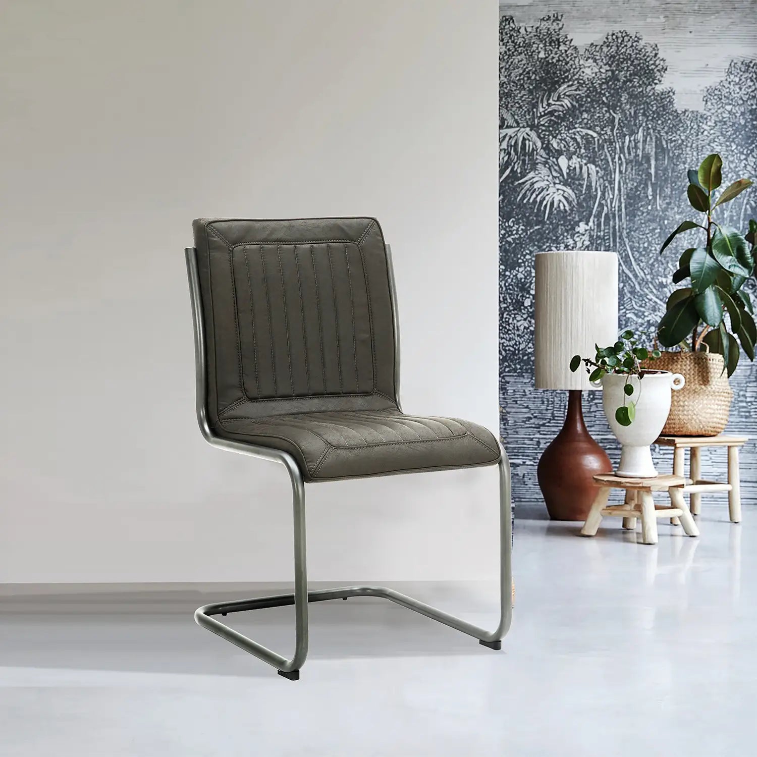 Noir Vintage Grey Leather Set of 4 Dining Chairs