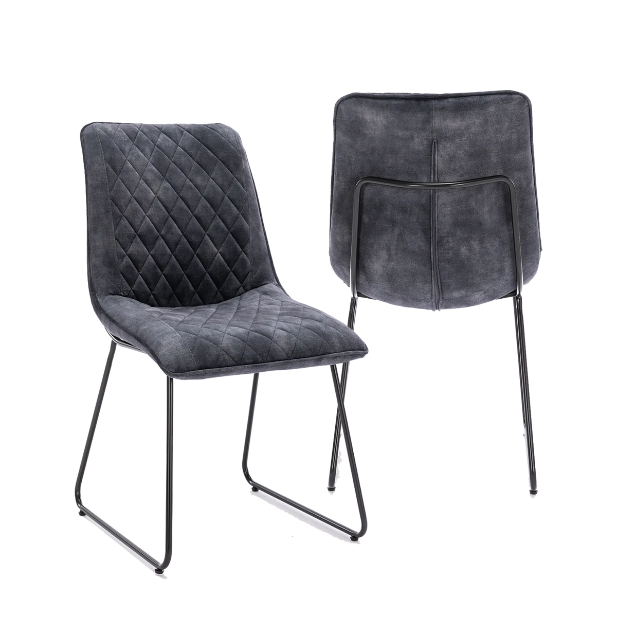 Upgrade your dining space with the Noaria Charcoal Velvet Set of 6 Dining Chairs. Featuring quilted upholstery and black iron legs for ultimate style and comfort. Charcoal Velvet Set of 4 Dining Chairs, available in Ochre, Charcoal and Green - Main Image 