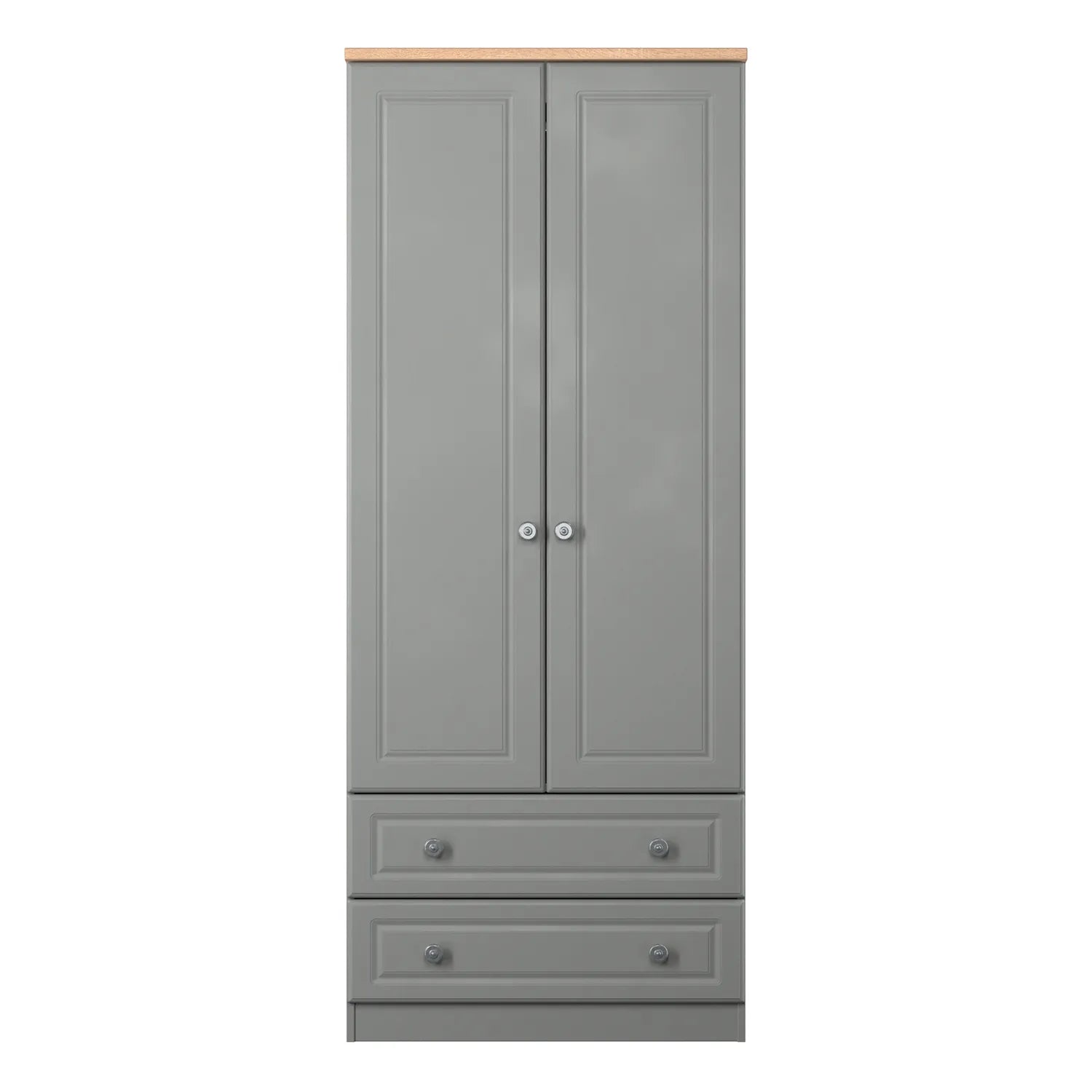 Norfolk Dusk Grey 2 Door Hinged Wardrobe with 2 Drawers at the Bottom, Available in Choice of 3 Colours, White, Grey and Kashmir and features Bardolino Oak Top, Free Quick Delivery. Ready Assembled 