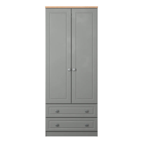 Norfolk Dusk Grey 2 Door Hinged Wardrobe with 2 Drawers at the Bottom, Available in Choice of 3 Colours, White, Grey and Kashmir and features Bardolino Oak Top, Free Quick Delivery. Ready Assembled 