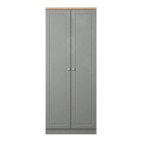 Norfolk Dusk Grey 2 Door Hinged Wardrobe, Available in Choice of 3 Colours, White, Grey and Kashmir and features Bardolino Oak Top, Free Quick Delivery. Ready Assembled 