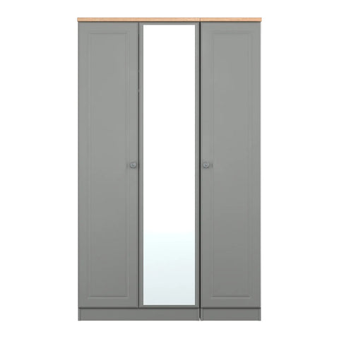 Norfolk Dusk Grey 3 Door Hinged Wardrobe with Mirror, Available in Choice of 3 Colours, White, Grey and Kashmir and features Bardolino Oak Top, Free Quick Delivery. Ready Assembled