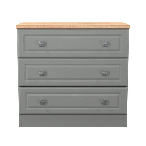 Norfolk Dusk Grey 3 Drawer Chest, Norfolk is a two colour tone Bedroom Furniture which has Bardilon oak top and painted base. Available in choice of 3 colours White, Kashmir and Grey. Fully Assembled. Quick Delivery