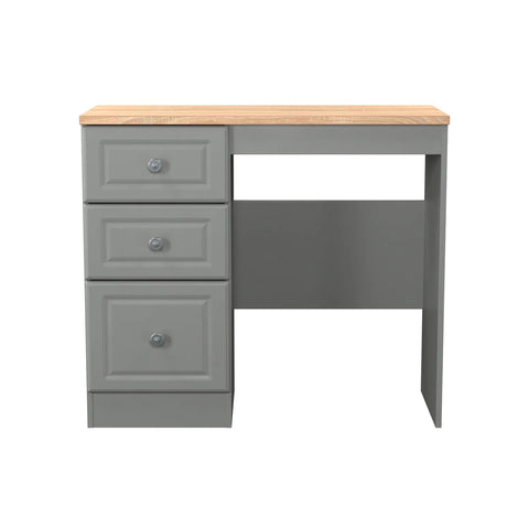 Norfolk Dusk Grey Single Pedestal Dressing Table, Norfolk is a two colour tone Bedroom Furniture which has Bardilon oak top and painted base. Available in choice of 3 colours White, Kashmir and Grey. Fully Assembled. Quick Delivery - Vanity Table