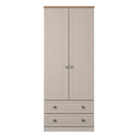 Norfolk Kashmir Ash 2 Door Hinged Wardrobe with 2 Drawers at the Bottom, Available in Choice of 3 Colours, White, Grey and Kashmir and features Bardolino Oak Top, Free Quick Delivery. Ready Assembled 